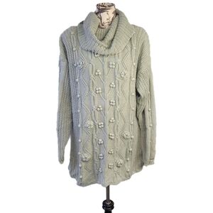 Vintage Yarnworks Size L Knit Green Sweater Dress Chunky Cottage Tunic Cowl Neck